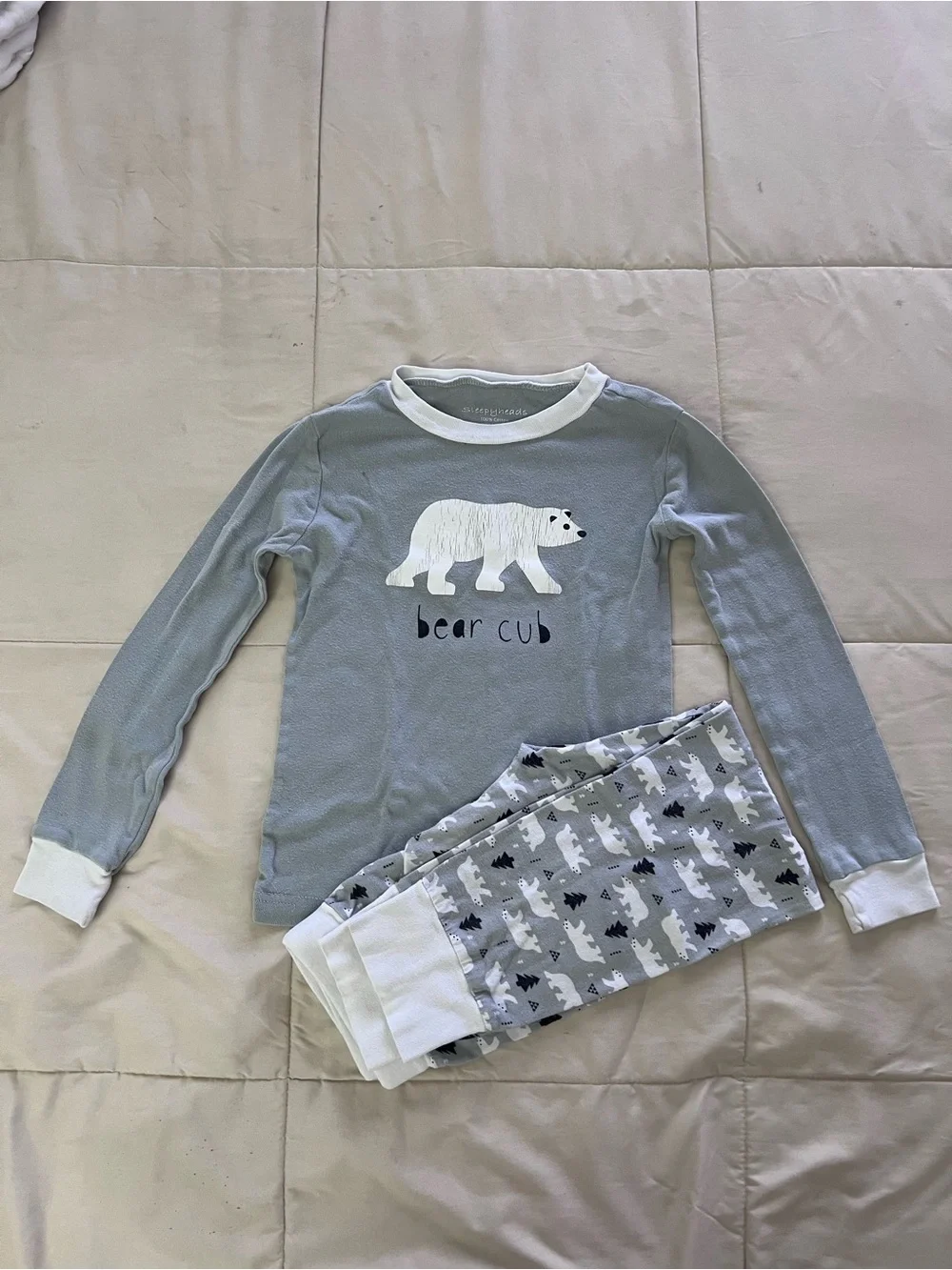 Bear Cub Kids Pajama Set - Light Gray & White